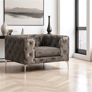Fauteuil gris en velours capitonné DOVER